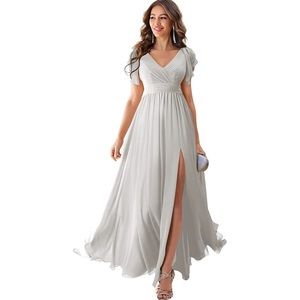 Women's V Neck Chiffon Short Sleeve Bridesmaid Dress